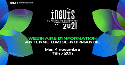 Affiche promouvant les Inouïs, un webinaire d'informations autour du Printemps de Bourges à destination des groupes qui souhaiteraient s'inscrire.