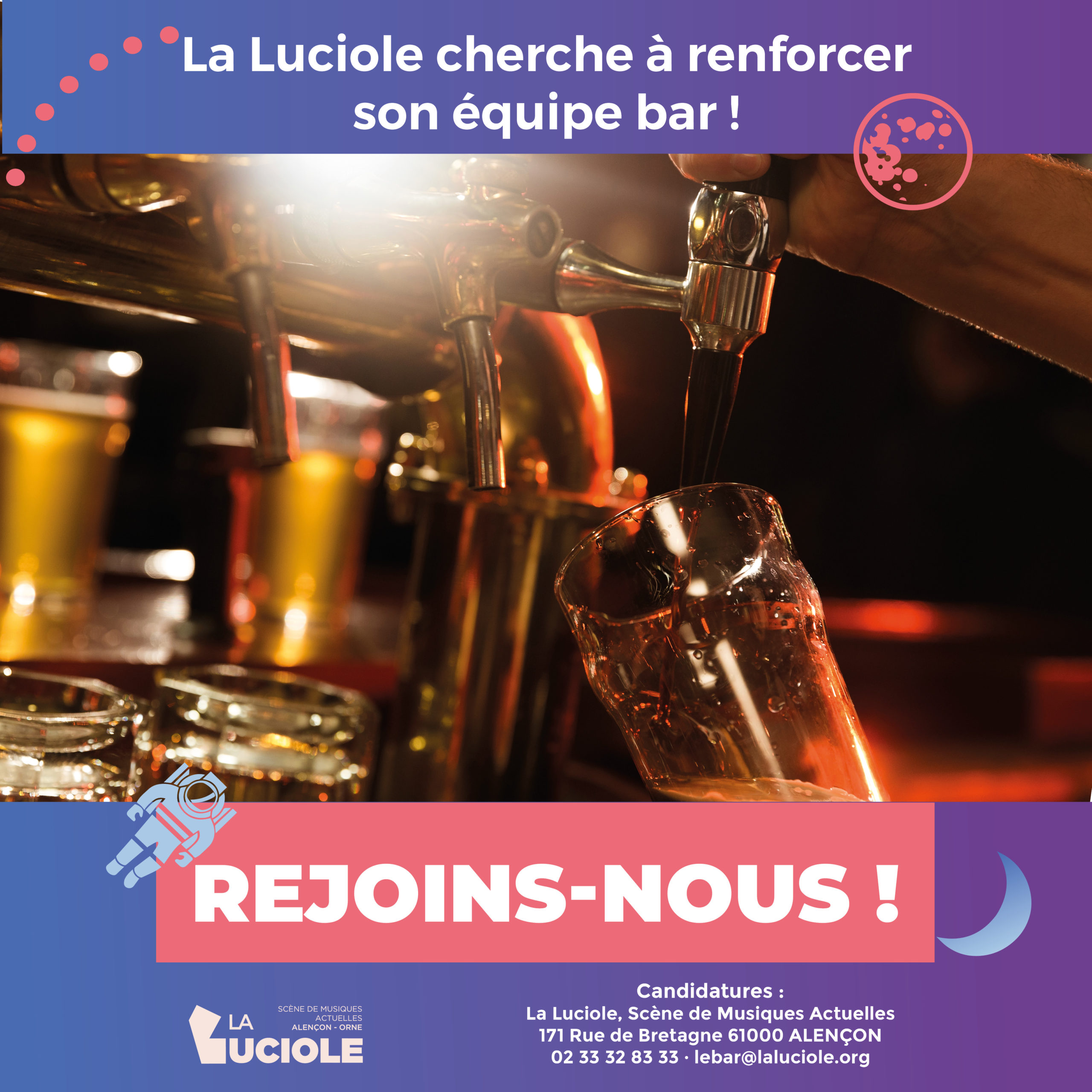 Affiche proposant une offre d'emploi pour le post de barman lors des soirées de concerts à La Luciole.