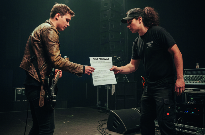 Un musicien guitariste tend sa fiches technique à une technicienne, sur scène