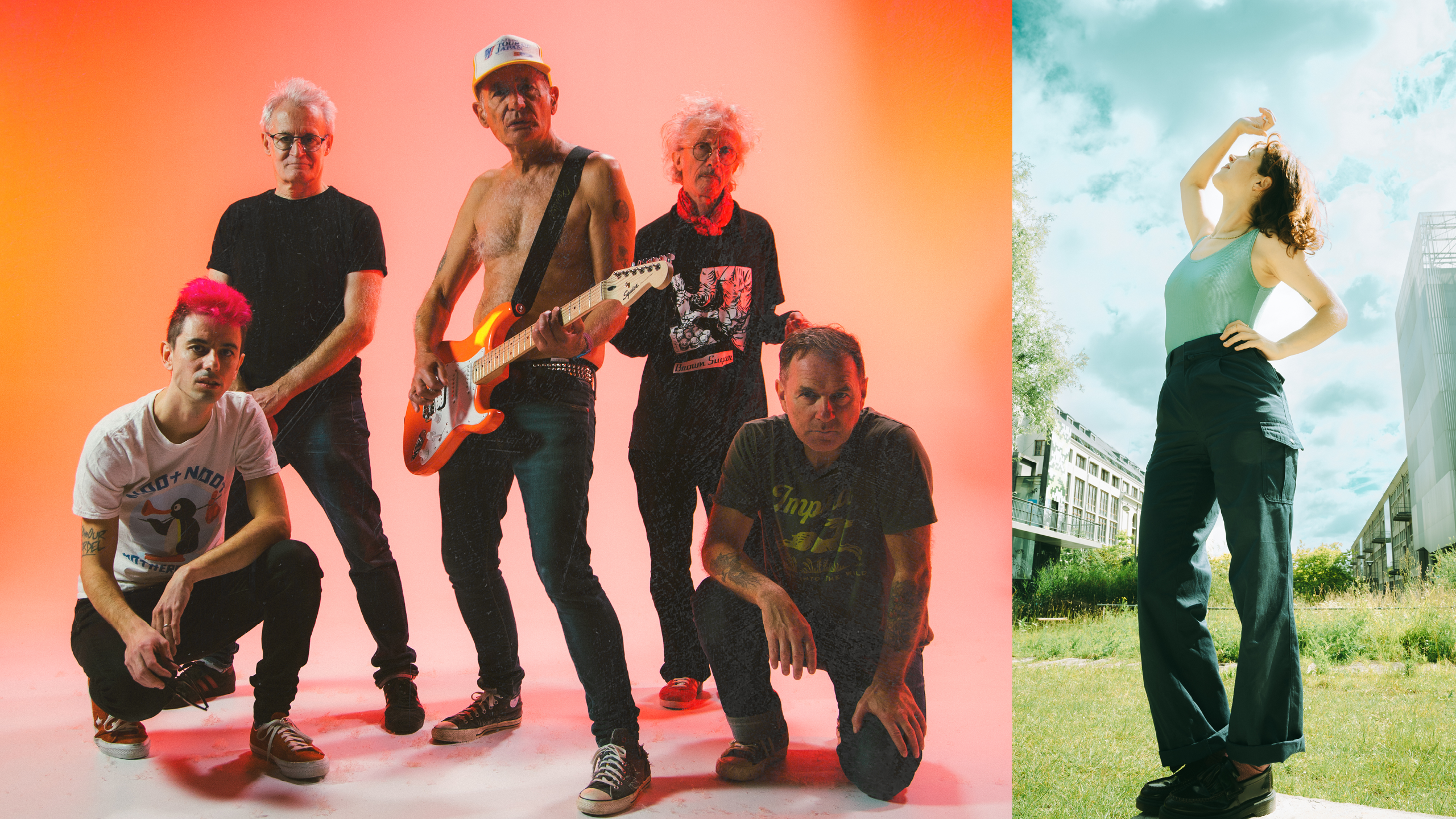 Une affiche l'une à côté de l'autre. Les Wampas sont cinq et posent sur fond orange. Didier Wampas est positionné au milieu avec une guitare électrique dans les mains. Deux d'entre eux entourent debout Didier Wampas et les deux derniers membres du groupes sont accroupis devant. L'affiche d'à côté représente bad bad bird debout, regardant le ciel nuageux et bleu. Elle est sur fond de pelouse entouré par des bâtiments en arrière plan.